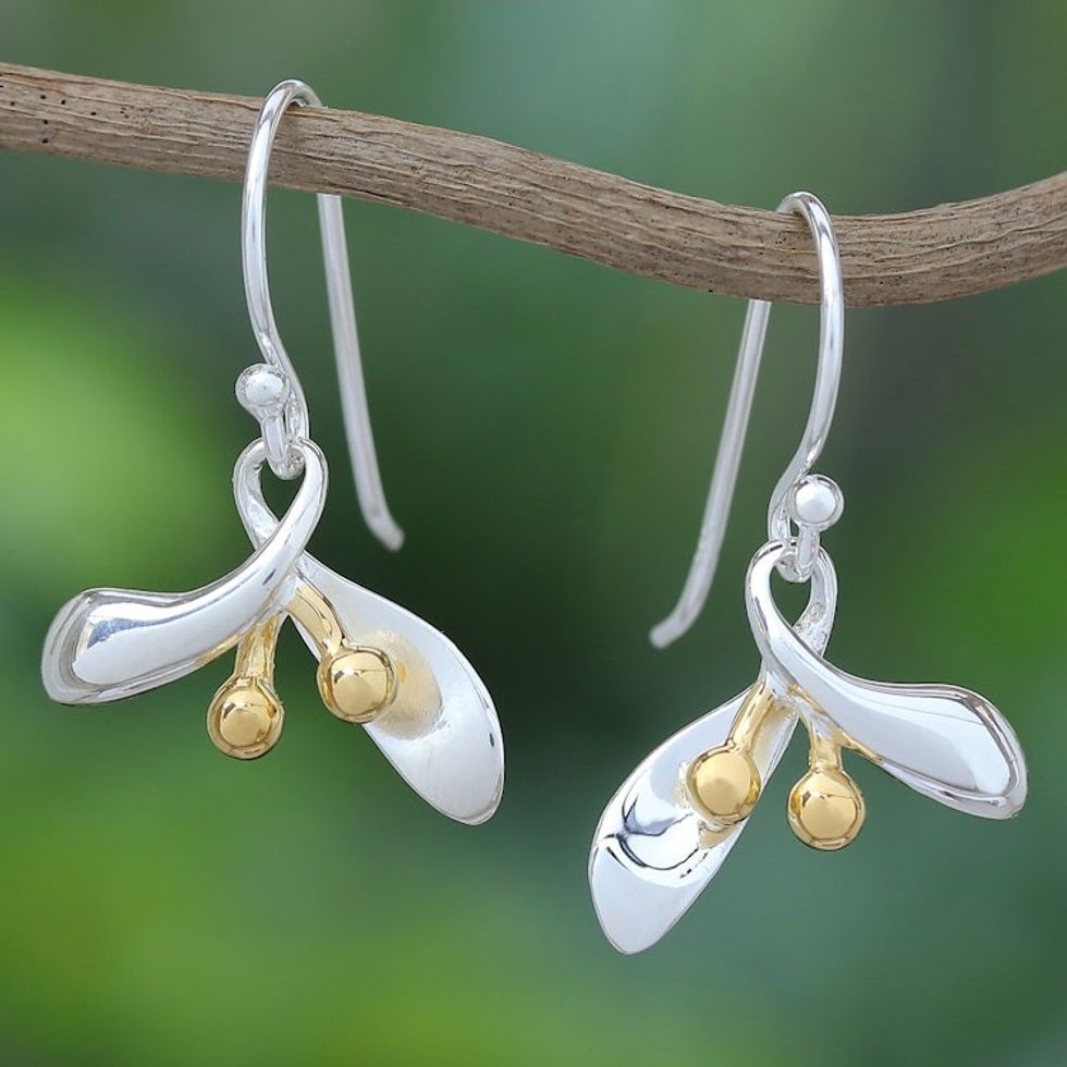 Sterling Silver Floral Dangle Earrings with 18k Gold Accents 'Golden Floral Charm'