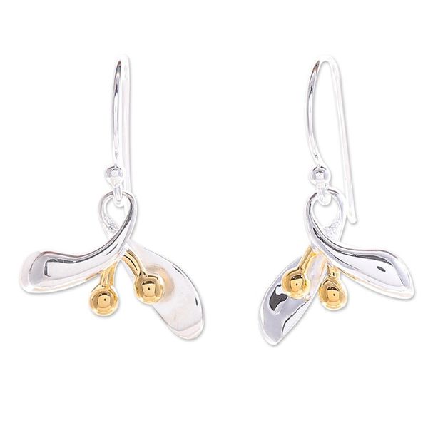 Alternate image for Sterling Silver Floral Dangle Earrings with 18k Gold Accents Golden Floral Charm
