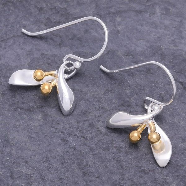 Alternate image for Sterling Silver Floral Dangle Earrings with 18k Gold Accents Golden Floral Charm