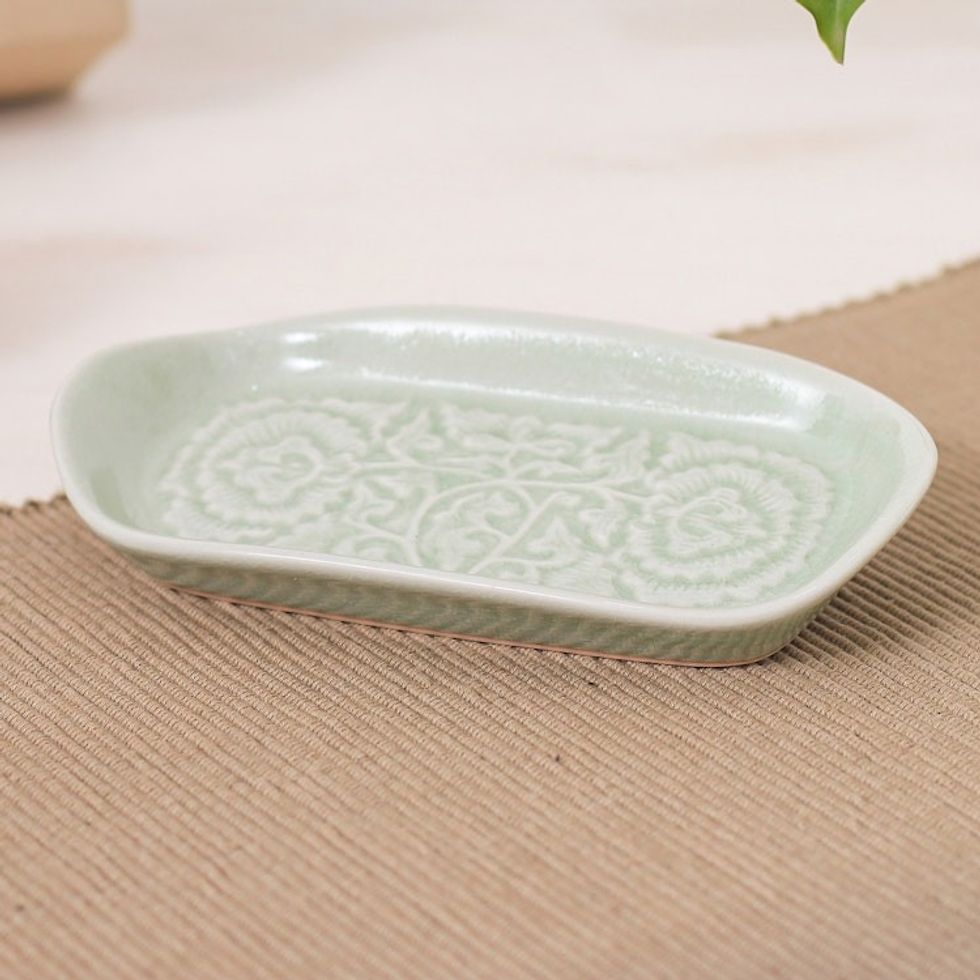 Green Handmade Celadon Ceramic Floral and Leaf Serving Dish 'Thai Blooms'