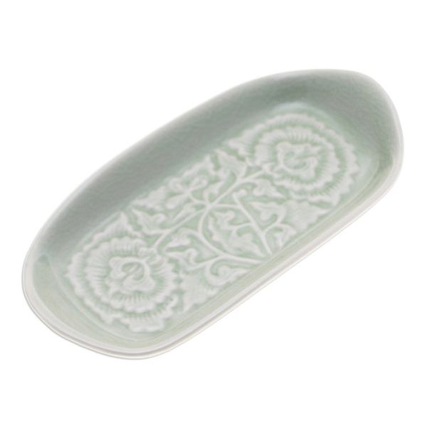 Alternate image for Green Handmade Celadon Ceramic Floral and Leaf Serving Dish Thai Blooms