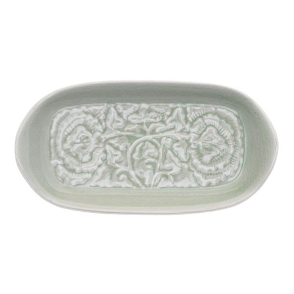 Alternate image for Green Handmade Celadon Ceramic Floral and Leaf Serving Dish Thai Blooms