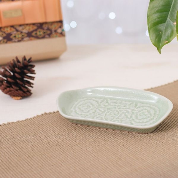 Alternate image for Green Handmade Celadon Ceramic Floral and Leaf Serving Dish Thai Blooms