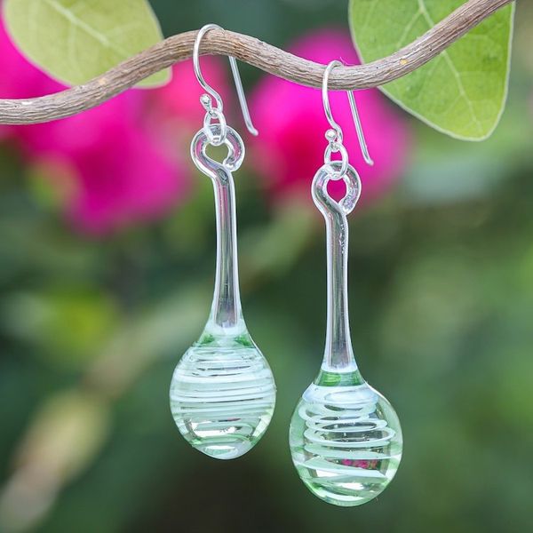 Alternate image for Green White Clear Handblown Glass Pendulum Dangle Earrings Petite Green Pendulum