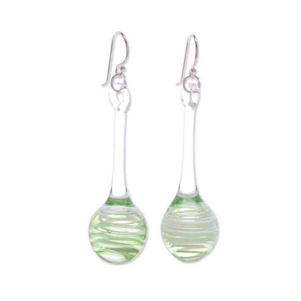 Alternate image for Green White Clear Handblown Glass Pendulum Dangle Earrings Petite Green Pendulum