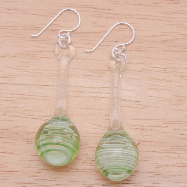 Alternate image for Green White Clear Handblown Glass Pendulum Dangle Earrings Petite Green Pendulum