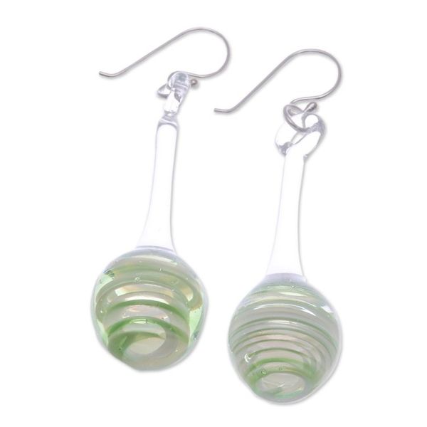 Alternate image for Green White Clear Handblown Glass Pendulum Dangle Earrings Petite Green Pendulum