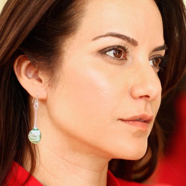 Alternate image for Green White Clear Handblown Glass Pendulum Dangle Earrings Petite Green Pendulum