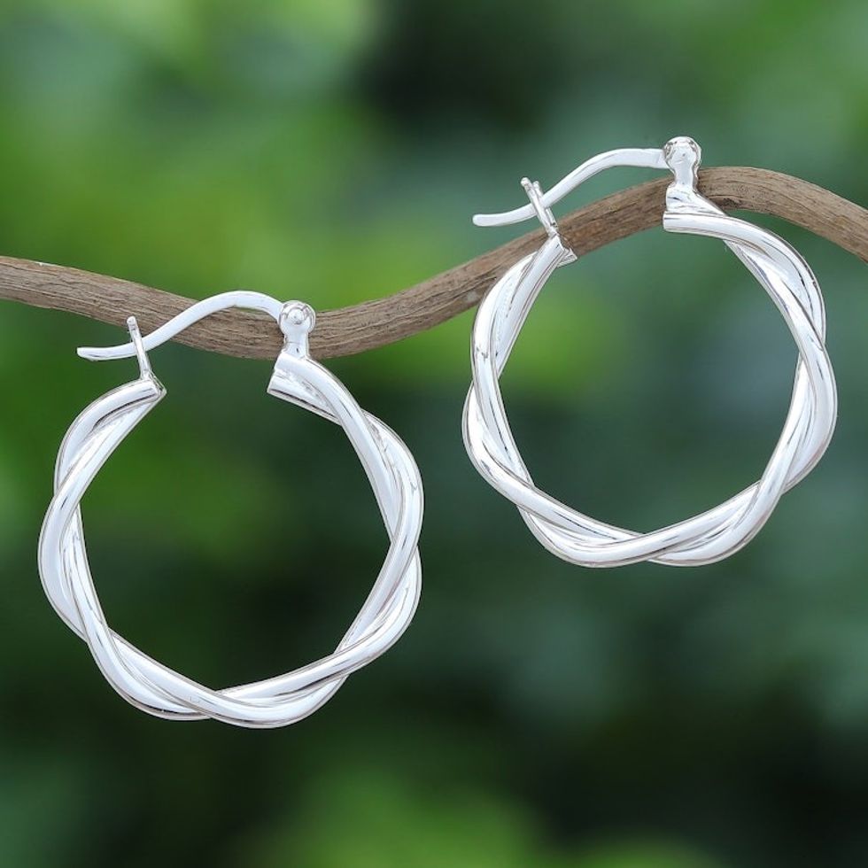 Handcrafted Thai Sterling Silver Hoop Earrings 'Dancing Silver'
