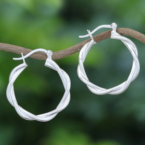 Alternate image for Handcrafted Thai Sterling Silver Hoop Earrings Dancing Silver