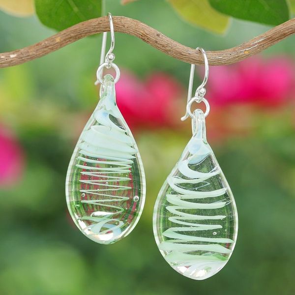 Alternate image for Handblown Glass Dangle Earrings with Light Green Spirals Bright Green Ovate Leaf