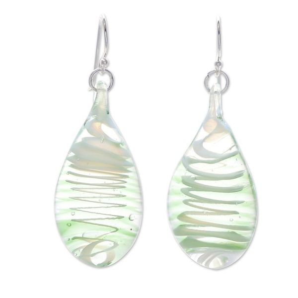 Alternate image for Handblown Glass Dangle Earrings with Light Green Spirals Bright Green Ovate Leaf