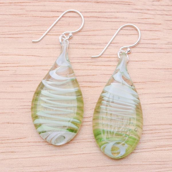 Alternate image for Handblown Glass Dangle Earrings with Light Green Spirals Bright Green Ovate Leaf