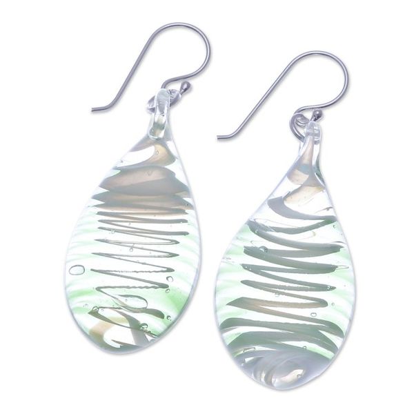 Alternate image for Handblown Glass Dangle Earrings with Light Green Spirals Bright Green Ovate Leaf