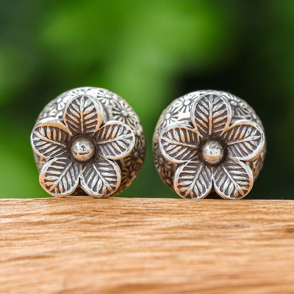 Floral Traditional Silver Button Earrings from Thailand 'Thailand's Blossom'