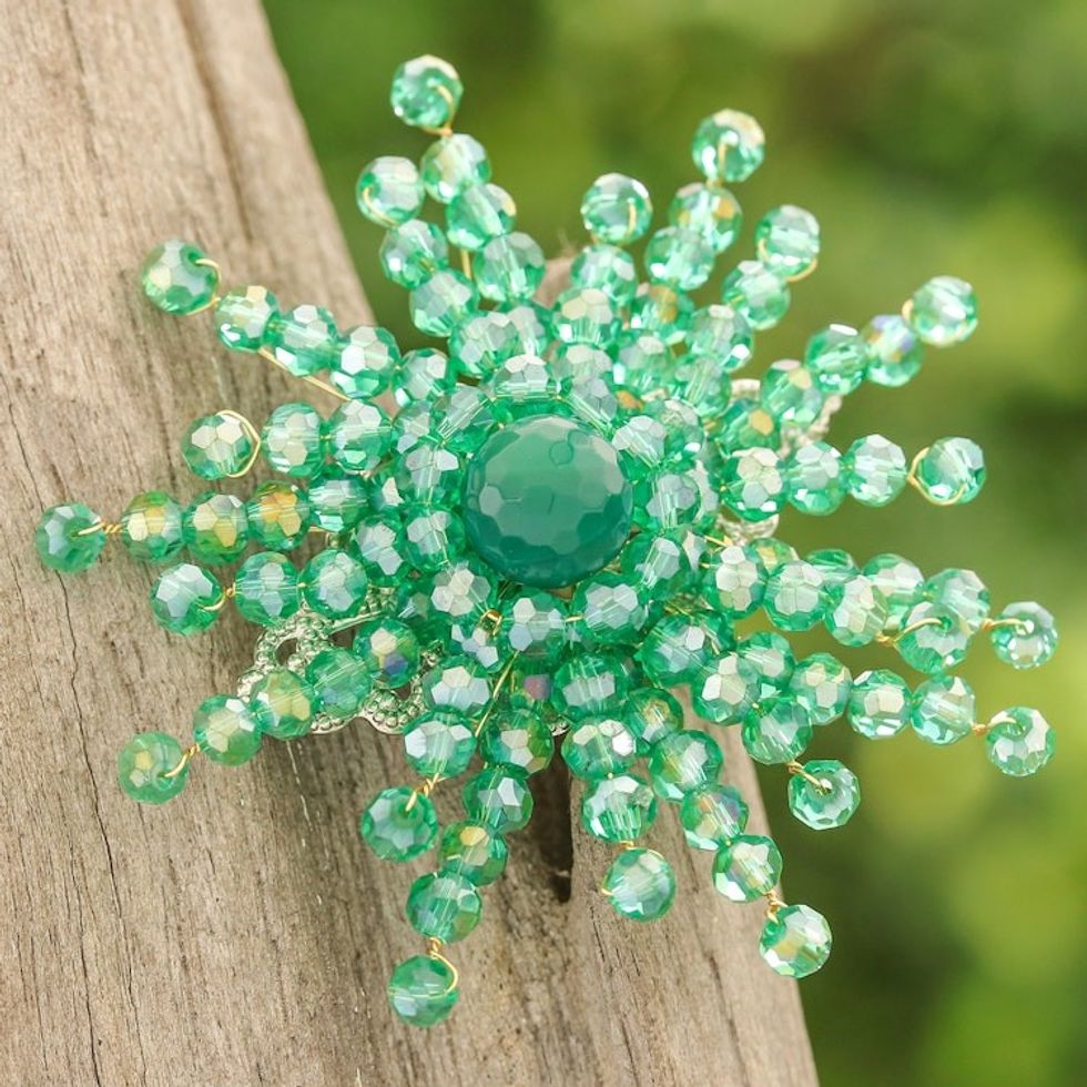 Star-Shaped Green Chalcedony and Glass Beaded Brooch 'The Harmonious Starlight'