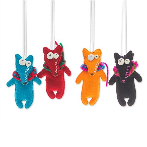 Alternate image for Set of 4 Handcrafted Fox Felt Ornaments in Diverse Hues Colors Foxes