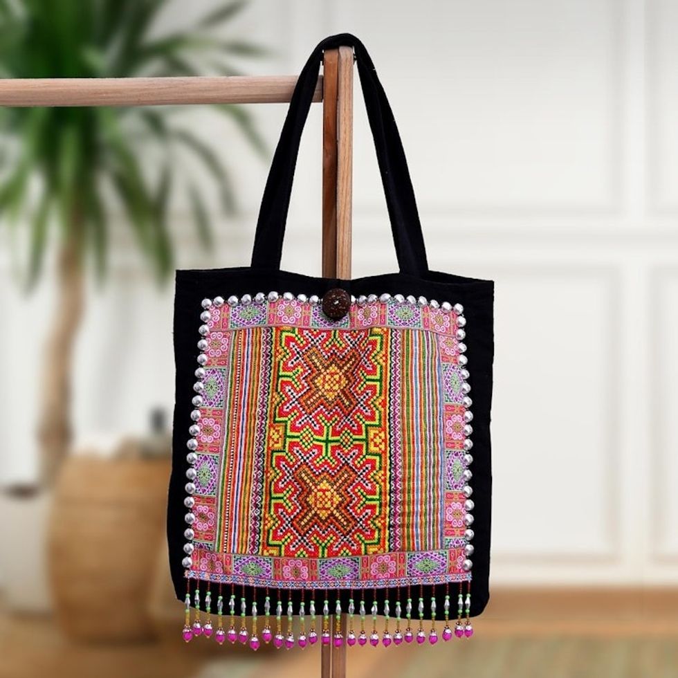 Handcrafted Cross-Stitched Hmong Cotton Tote Bag 'Hmong Fantasy'