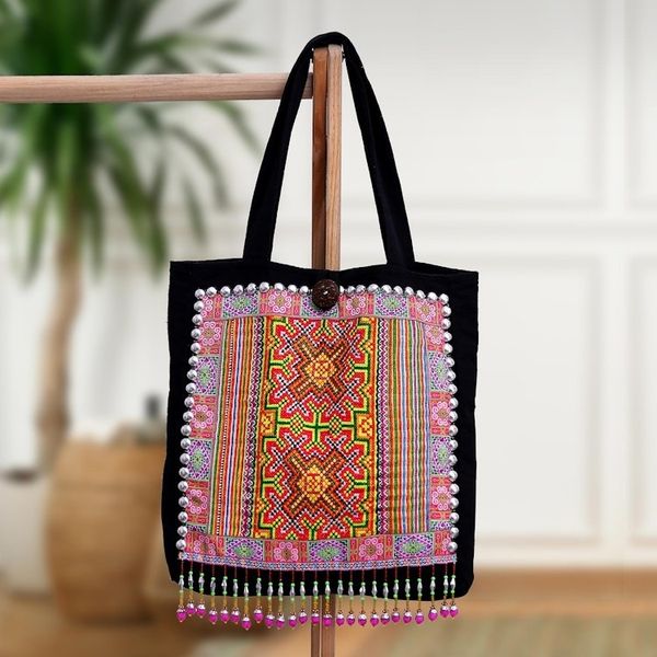 Alternate image for Handcrafted Cross-Stitched Hmong Cotton Tote Bag Hmong Fantasy