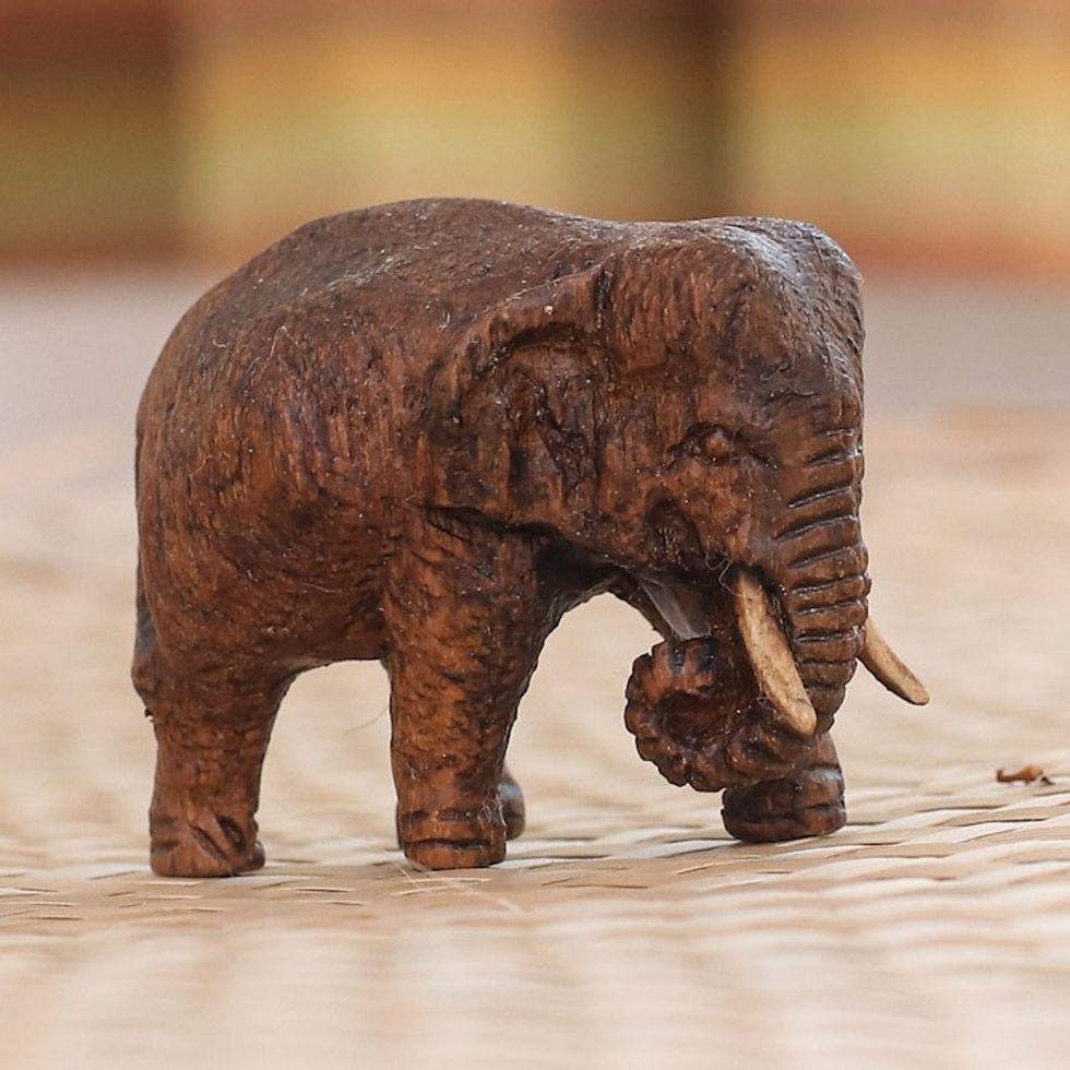 Artisan Crafted Teak Wood Elephant Statuette 'Walk of Life'