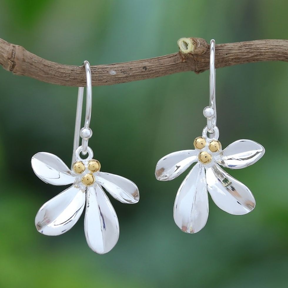 Sterling Silver Leaf Dangle Earrings with 18k Gold Accents 'Gold Enchanted Leaves'
