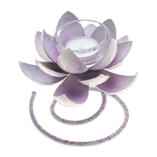 Alternate image for Handmade Steel Iron Lotus Flower Tealight Holder in Purple Lotus Flame in Purple