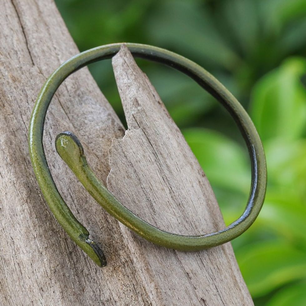 Unisex Green Dyed Leather Cuff Bracelet Handmade in Thailand 'Young Bud in Olive'