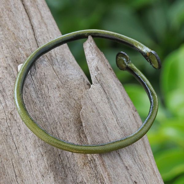 Alternate image for Unisex Green Dyed Leather Cuff Bracelet Handmade in Thailand Young Bud in Olive