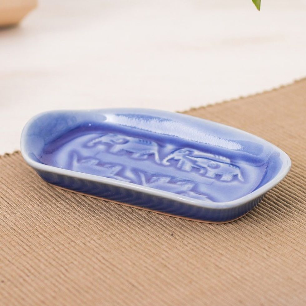 Blue Handmade Celadon Ceramic Elephant-Themed Serving Dish 'Elephant Spectacle'