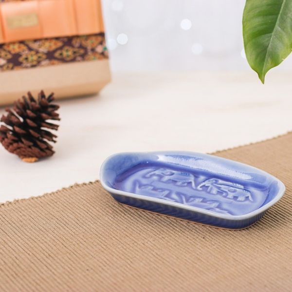 Alternate image for Blue Handmade Celadon Ceramic Elephant-Themed Serving Dish Elephant Spectacle