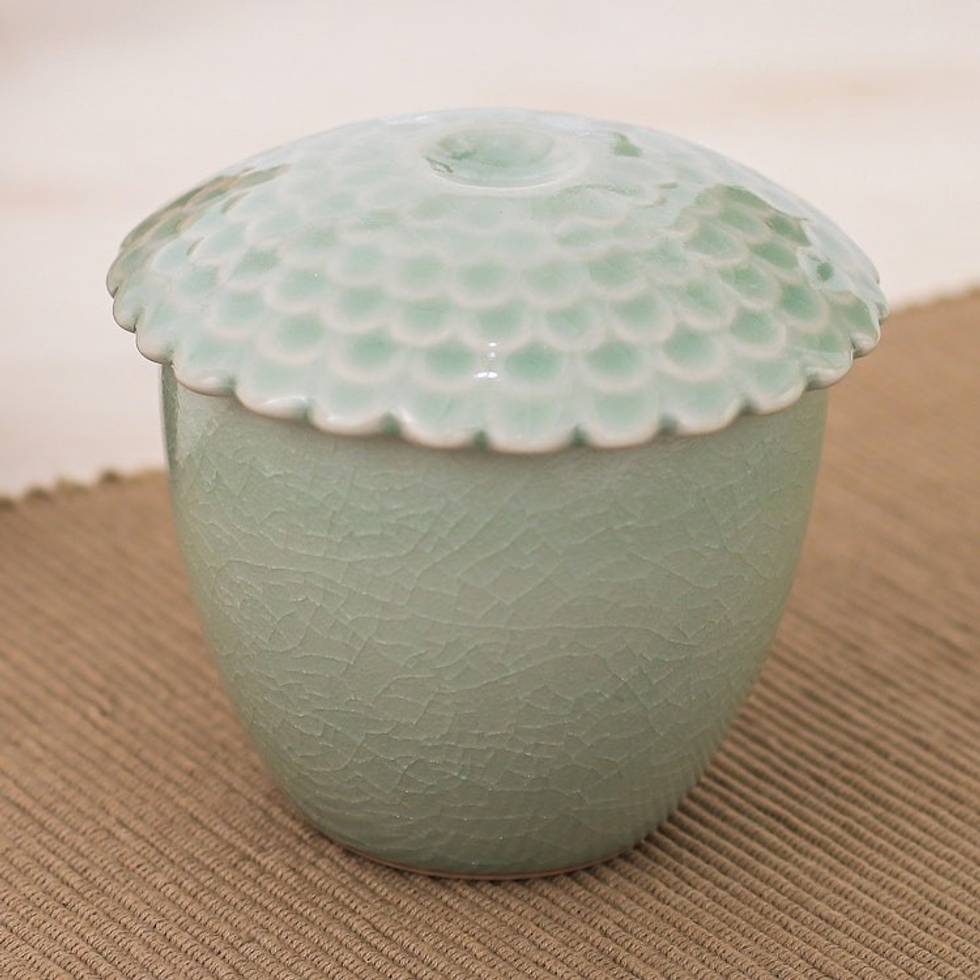 Green Handmade Celadon Ceramic Sunflower Themed Salsa Bowl 'Sunflower in Green'