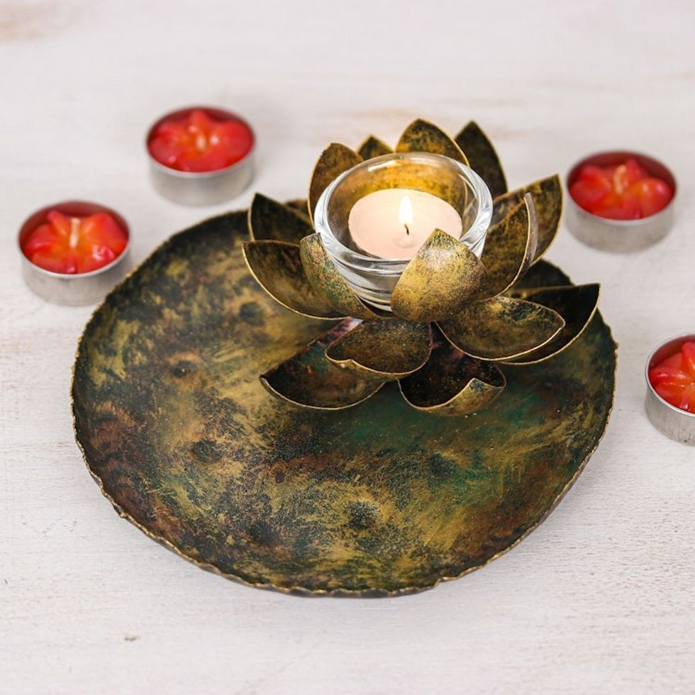 Thai Antiqued Lotus-Themed Iron Tealight Candleholder 'Lotus in the Forest'