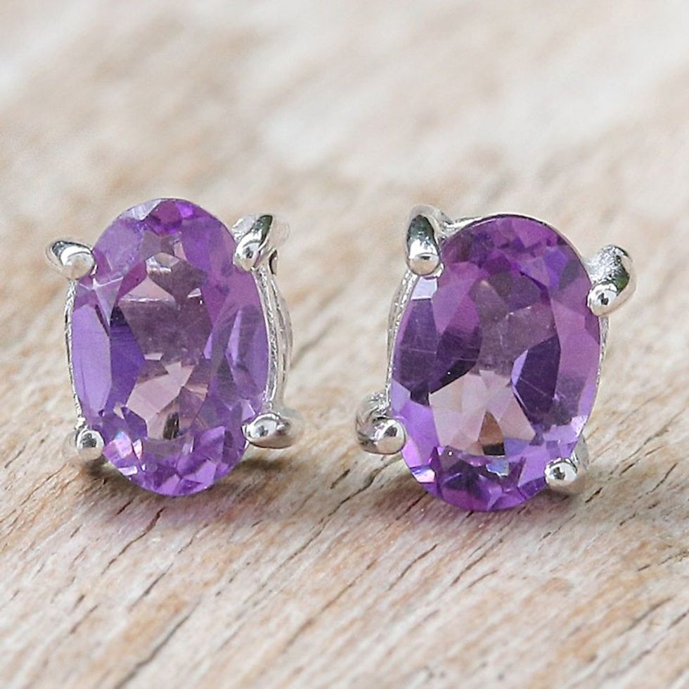 Sterling Silver Stud Earrings with Faceted Amethyst Gems 'Wisdom Maiden'