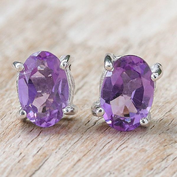 Alternate image for Sterling Silver Stud Earrings with Faceted Amethyst Gems Wisdom Maiden