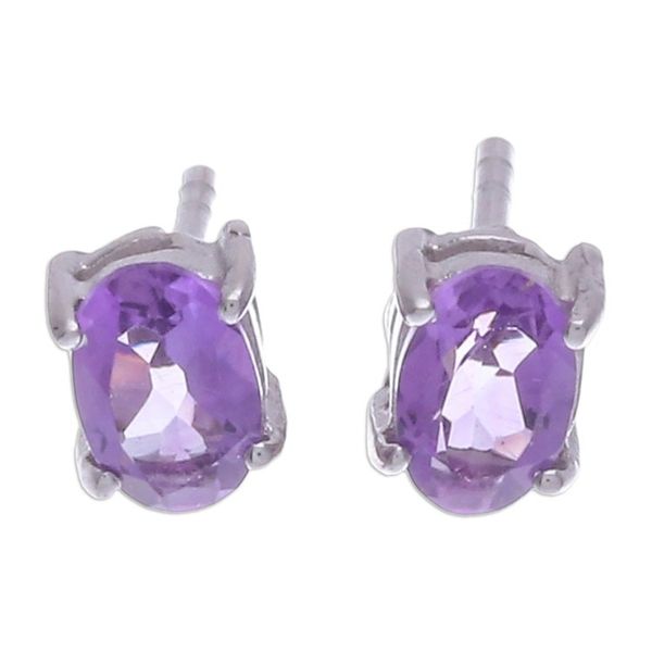 Alternate image for Sterling Silver Stud Earrings with Faceted Amethyst Gems Wisdom Maiden