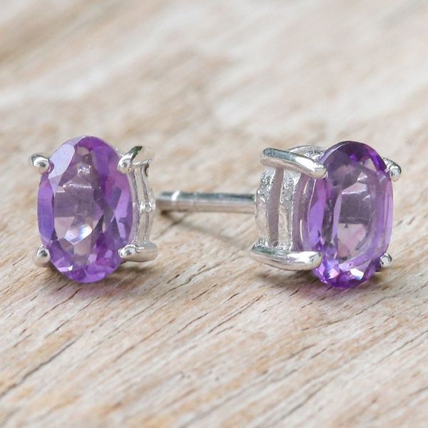 Alternate image for Sterling Silver Stud Earrings with Faceted Amethyst Gems Wisdom Maiden
