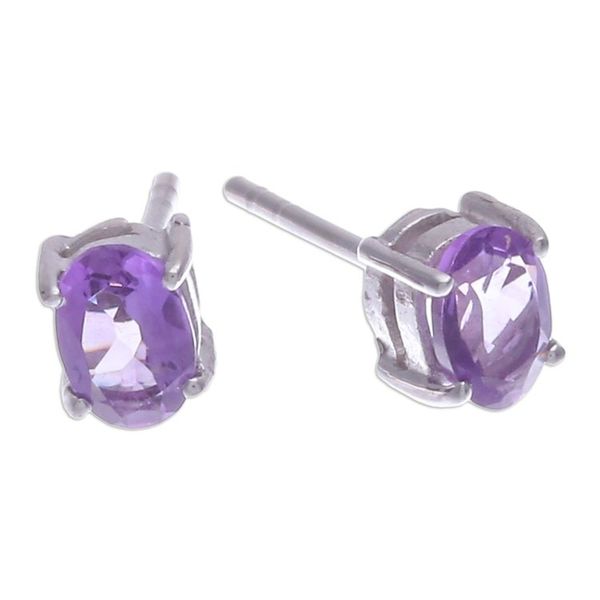 Alternate image for Sterling Silver Stud Earrings with Faceted Amethyst Gems Wisdom Maiden