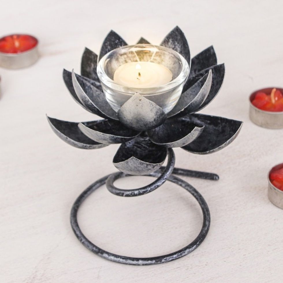 Steel Iron Lotus Flower Tealight Holder in Silver Black 'Lotus Flame'