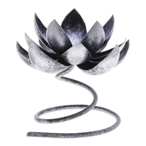 Alternate image for Steel Iron Lotus Flower Tealight Holder in Silver Black Lotus Flame