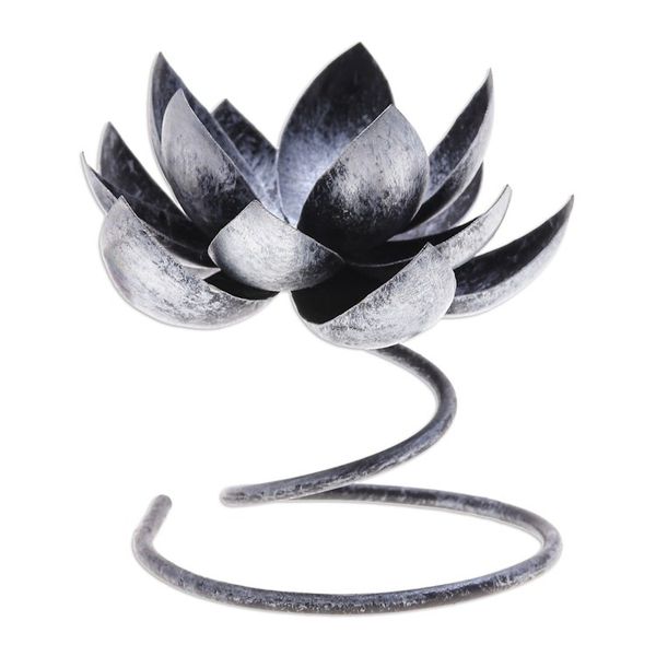 Alternate image for Steel Iron Lotus Flower Tealight Holder in Silver Black Lotus Flame