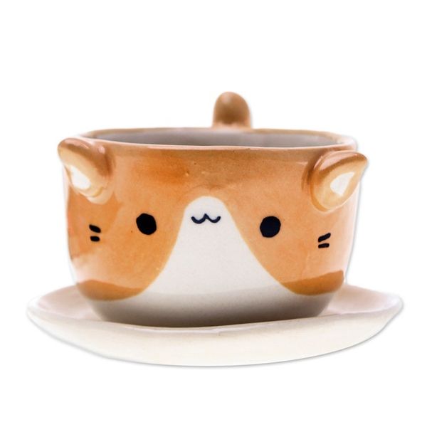 Alternate image for Ceramic Cat Mini Flower Pot with Saucer in Ivory and Orange Kitty Energy