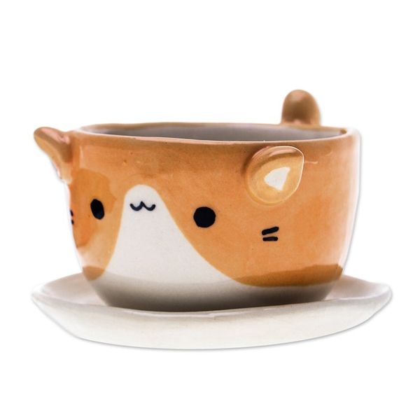 Alternate image for Ceramic Cat Mini Flower Pot with Saucer in Ivory and Orange Kitty Energy