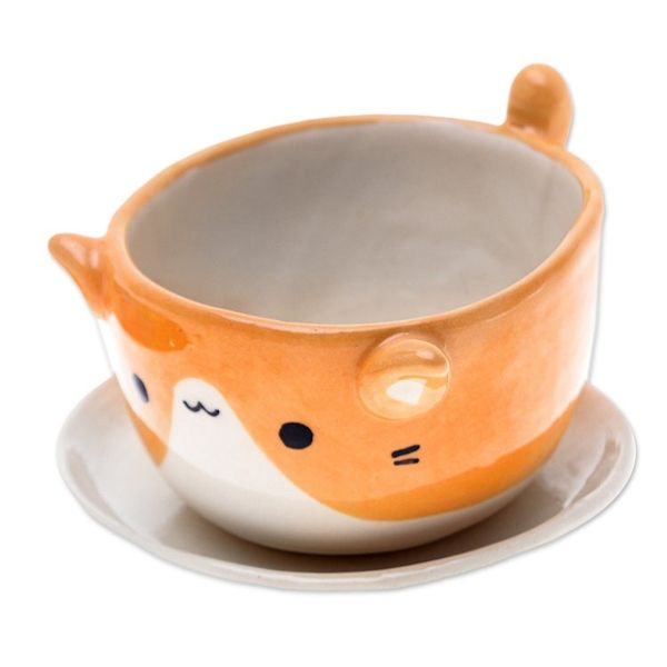 Alternate image for Ceramic Cat Mini Flower Pot with Saucer in Ivory and Orange Kitty Energy