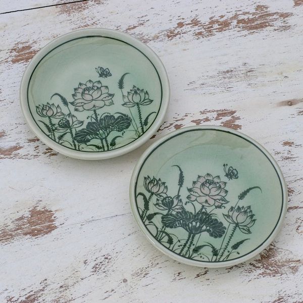 Alternate image for Pair of Celadon Ceramic Saucers Hand-Crafted in Thailand Luxuriant Lotus