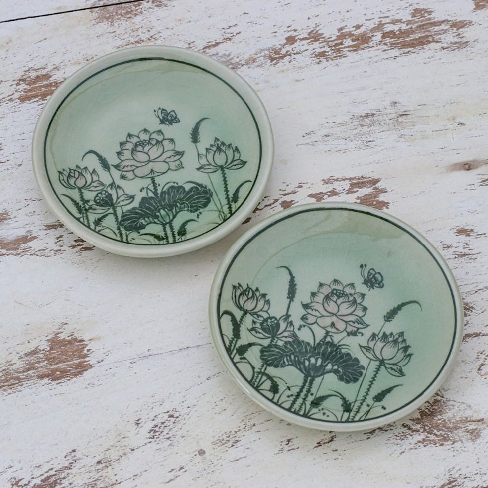 Pair of Celadon Ceramic Saucers Hand-Crafted in Thailand 'Luxuriant Lotus'