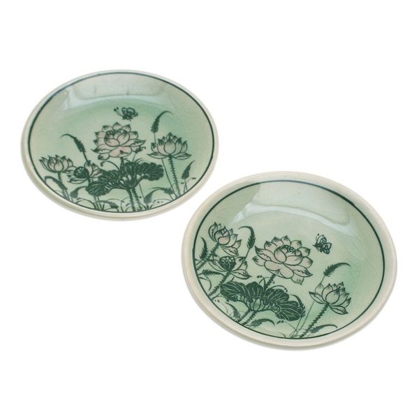 Alternate image for Pair of Celadon Ceramic Saucers Hand-Crafted in Thailand Luxuriant Lotus