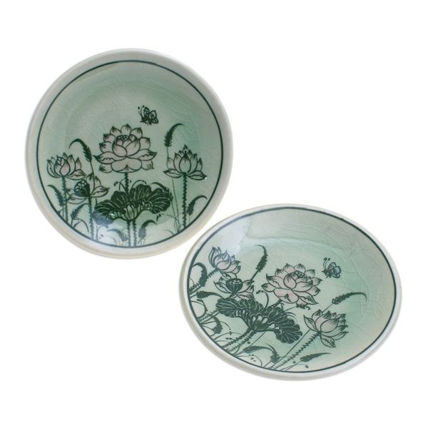 Alternate image for Pair of Celadon Ceramic Saucers Hand-Crafted in Thailand Luxuriant Lotus