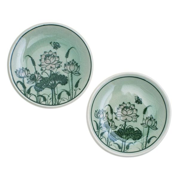 Alternate image for Pair of Celadon Ceramic Saucers Hand-Crafted in Thailand Luxuriant Lotus