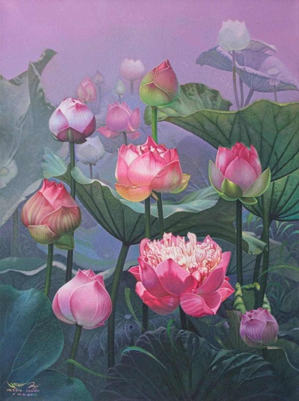 Signed Impressionist Lotus-Themed Acrylic on Canvas Painting 'Picture of Lotus Bloom'