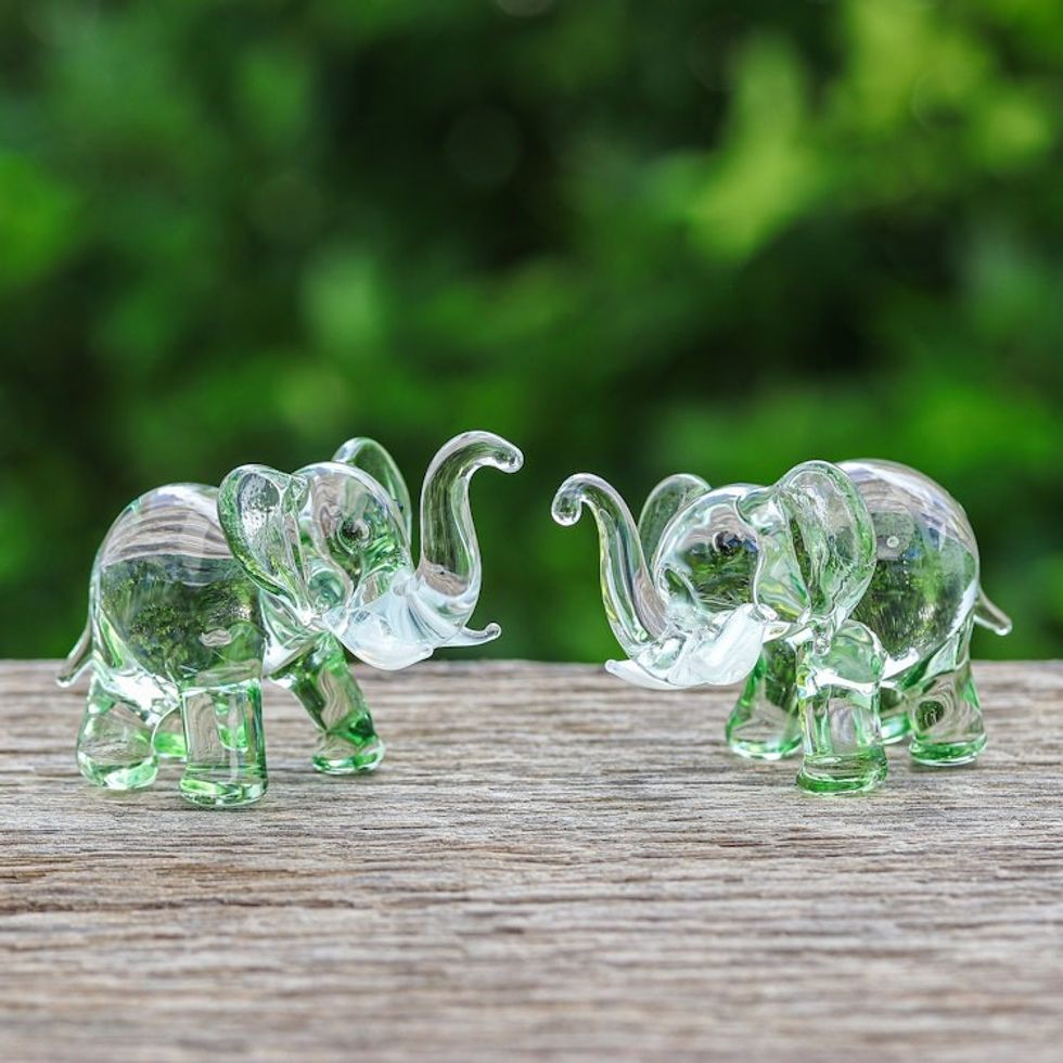 Pair of Green-Toned Handblown Glass Elephant Figurines 'The Green Giants'